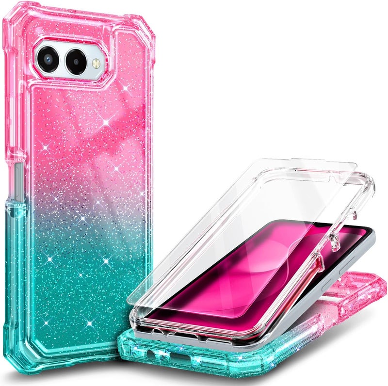 NZND Designed for T-Mobile REVVL 8 Phone Case, Glitter Pink/Aqua | with Screen Protector, Full-Body Shockproof Protective Rugged Impact Resist Bumper Cover - Image 1